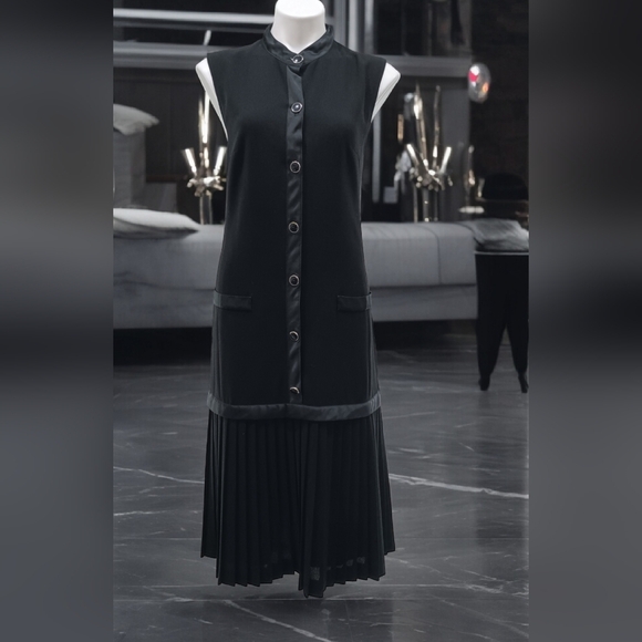 Iconic Fink Modell 1960s Black Satin Bow Tie Sleeveless Shift Dress Pleated Midi - Picture 7 of 12